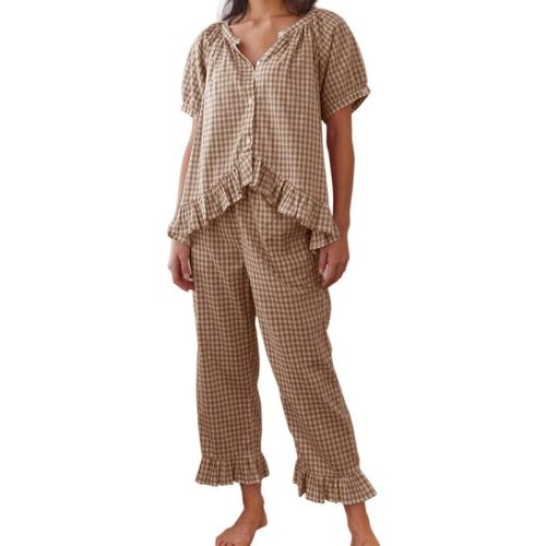 Argeousgor Women Plaid 2 Piece Pajama Set Button Down Puff Sleeve Babydoll Shirt Gingham Pants Pj Lounge Set Sleepwear