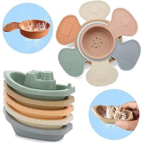 Bath Toys for Toddlers, 11 Pack Floating Boats with Bathing Spoon Bathtub Toy Mold Free for Babies Kids Boys Girls Ages 3 Birthday Gift