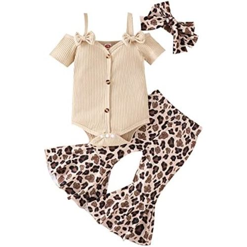 3pcs Toddler Girls Summer Outfits Ribbed Halter Crop Top Romper Bodysuit +Floral Flared Pants+Headband Clothes Set