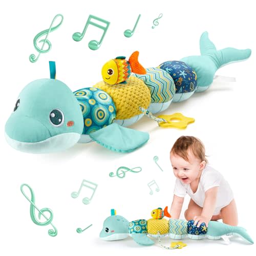 TURKIDS Infant Baby Musical Dolphin Plush Toys, Stuffed Animal Activity Soft Toys with Multi-Sensory Crinkle, Rattle and Textures for 0-3-6-12 Months Developmental Toys, Whale, Blue
