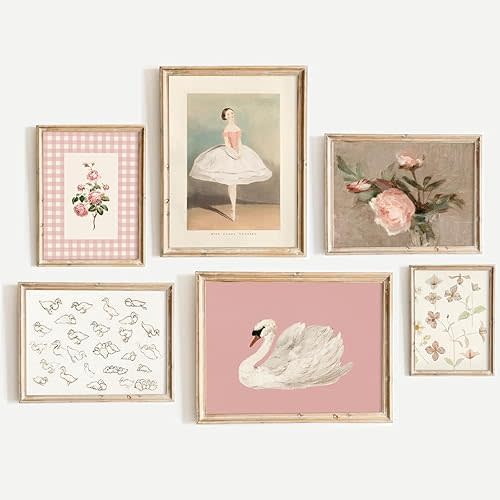 Nursery Pink Wall Art Decor Baby Girl Canvas Wall Art Vintage Floral Prints Kids Room Wall Decor Preppy Flower Poster Antique Pink Pictures Swans Painting for Girls Room Bedroom 12x16x6 Inch Unframed