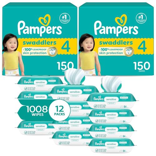Pampers Swaddlers Disposable Baby Diapers Size 4, 2 Month Supply (2 x 150 Count) with Sensitive Water Based Baby Wipes 12X Multi Pack Pop-Top and Refill (1008 Count)