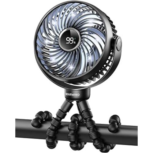 Portable Stroller Fan for Travel, LED Night Light Clip on Fans Operated by 2200mAh Rechargeable Battery, Cordless Fan with Tripod Car Seat Baby Pram (Black)