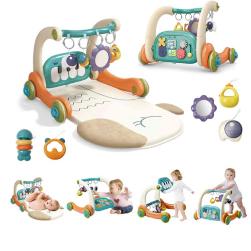 3 in 1 Baby Activity Gym Center, Tummy Time Play Mat Gym, Baby Push Walker, Kick and Play Piano with Music and Light, Sensory Toys for Newborn Babies Infants Toddlers Boys Girls