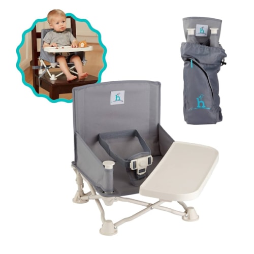 Hiccapop OmniBoost Travel Booster Seat with Tray for Baby, Dining Table, Camping, Beach, Grandma’s | Folding Portable Tip-Free Design Straps to Kitchen Chairs