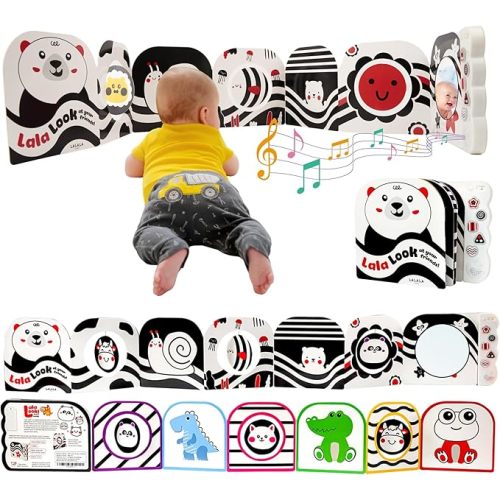 Black and White Baby Toys with Mirror - High Contrast Sensory Board Book for Newborn, Soothing Musical Toy for Babies 0-12 Months - Brain Development & Tummy Time Activities - Black, White and Red