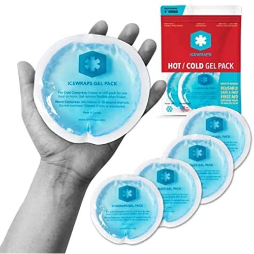 ICEWRAPS 4” Round Reusable Gel Ice Packs with Cloth Backing - Hot Cold Pack for Kids Injuries, Breastfeeding, Joint Pain, Wisdom Teeth, First Aid - 5 Pack