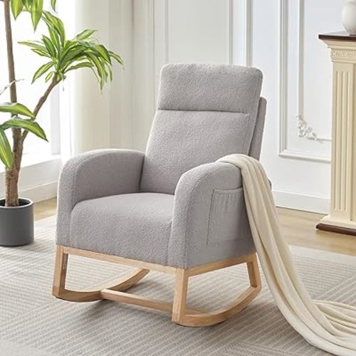 Nursery Rocking Chair, Comfy Modern Glider Rocking Chair with High Backrest and Armrest, Teddy Upholstered Rocking Accent Chair with Side Pockets for Living Room, Bedroom, Office,Gray