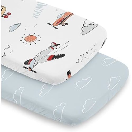 Sweet Jojo Designs Vintage Airplane Boy Baby Bassinet Sheets Fitted Sheet Set Infant Newborn Nursery Oval Rectangle Hourglass Mattress 2p Blue Clouds Sky Grey Yellow Orange Red White Transportation