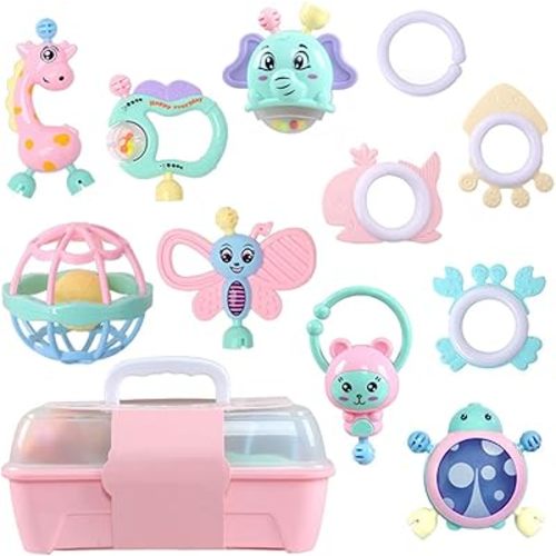 Rattles for Infants Teething Toys for Babies 3-6-12 Months Developmental Baby Early Education Toys Newborn Silicone Puzzle Teether Toy Baby Girl Toy Giraffe Elephant Toys (11-Pack)
