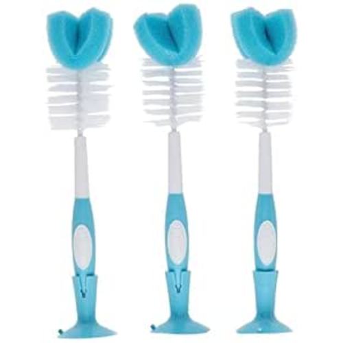 Dr. Brown's Reusable Sponge Baby Bottle Cleaning Brush Set with Suction Cup Stand, Scrubber and Nipple Cleaner, Blue 3-Pack