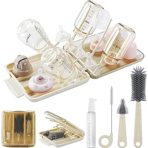 Travel Baby Bottle Cleaner Kit with Baby Bottle Drying Rack,Snap-on Extendable Silicone Baby Bottle Brush,Nipple-Shaped Brush,Straw Cleaner Brush,Baby Bottle Soap Dispenser.Beige.