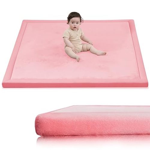 Huloo Sleep Ultra Soft Baby Play Mat for Floor, 1.3" Thick Elasti-Foam 59x59 Play Mat for Playpen,Water-Repellent Coral Velvet for Tummy Time, Non-Slip Backing,Safe for Toddlers & Infants（Pink）