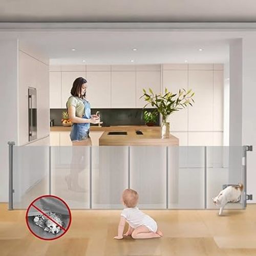 Extra Wide Retractable Baby Gate with Cat Door, 120" Wide, Reinforced with Fiberglass, 33" Tall – Prevents Babies & Pets from Crawling Under (Gray)