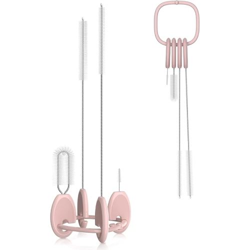 YOTIME 4in1 Straw Cleaner Brush Set, Reusable Standing Straw Brushs with Holder Ring, for Wide and Narrow Straws, Tumblers, Water Bottles and Cups, Pink