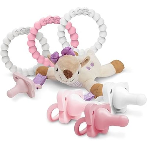 Dr. Brown's HappyPaci 100% Silicone Pacifier, Flexees Beaded Teether Rings, and Lovey Pacifier Holder & Teether Clip, Deer
