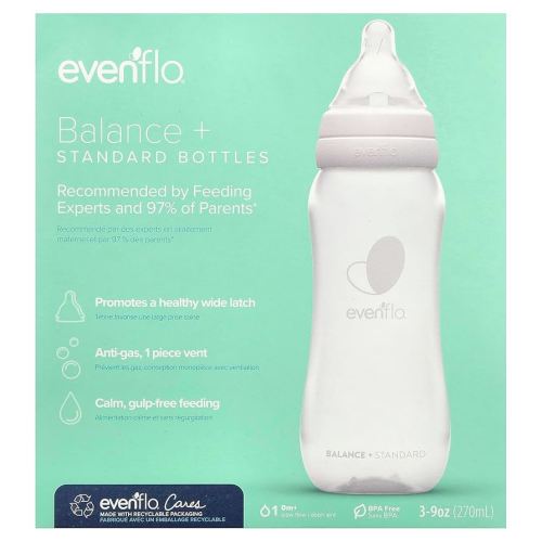 Evenflo Feeding Balance+ Bottles, Standard, 0+ Months, Slow Flow, 3 Bottles, 9 oz (270 ml)