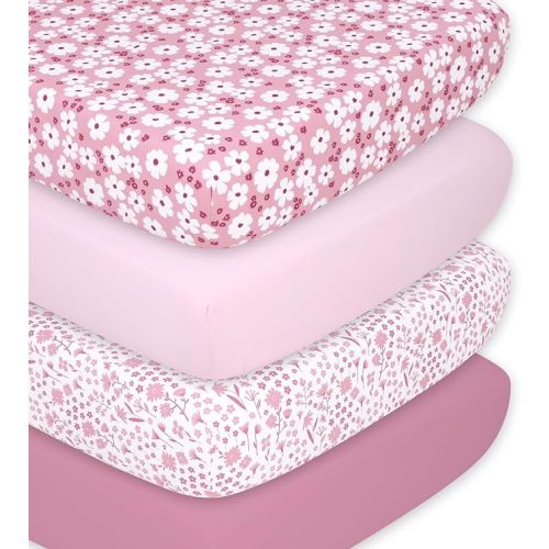 The Peanutshell Crib Sheets for Girls, Fitted Baby Bed Sheet Set, Standard Size Crib Mattress, 52x28, Floral Daisy Nursery Decor, 4 Pack in Pink, White