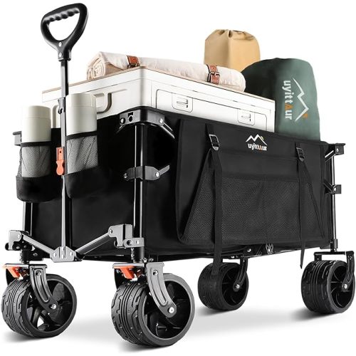 Collapsible Folding Wagon Cart Heavy Duty Foldable, Beach Wagon with Big Wheels for Sand, Utility Grocery Wagon with Side Pocket and Brakes for Camping Sports Outdoor Activities, Black