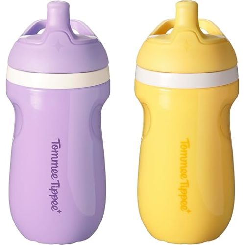 Tommee Tippee Insulated Sporty Spout Bottle, No Spill Toddler Water Bottle For 12 months +, Two-Piece Valve Helps Stop Spills, Yellow and Purple, 9oz, 2 count