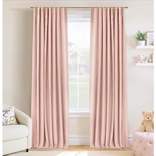 INOVADAY 100% Blackout Curtains for Bedroom, Black Out Curtains 84 Inch Long, Clip Rings Linen Blackout Drapes, Thermal Insulated Room Darkening for Living Room, 2 Panels - Blush Pink,W50xL84
