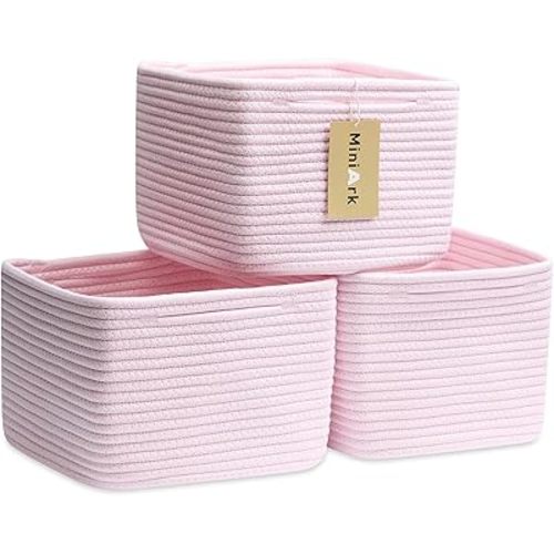 Small Organizing Baskets for Cubes Shelf, 9.7x9.7x7.1 Inch Rope Woven Storage Bins for Nursery Shelves Storage, Cute Toy Basket, Square 3 Packs Light Pink