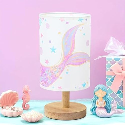 Mermaid Table Lamp for Kids Bedroom - Mermaid Tail Pastel Kids Bedside Lamp with Linen Wooden Nightstand Nursery Lampshade for Girls Room Decor Christmas Gifts