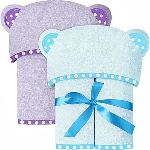 Set of 2 Hooded Baby Towels – Blue and Purple – Luxurious, Large and Super Absorbent – 30 x 30 Inch – Soft and Suitable for Infants, Toddlers and Kids – 400 GSM