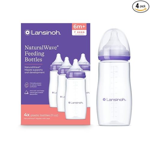 Lansinoh Anti-Colic Baby Bottles, BPA-Free Plastic, 11 Ounces, 4 Count, Fast Flow Nipples (Size F), Breastfeeding Bottle with NaturalWave Design