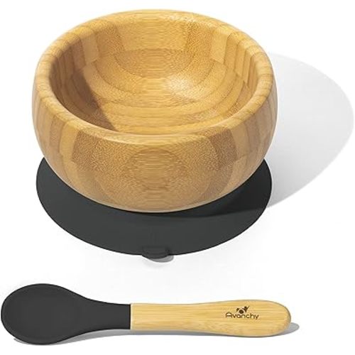 Avanchy Bamboo Baby Bowl with Spoon and Removable Silicone Suction Base – Non-Toxic, BPA-Free Feeding Bowl for Babies and Toddlers – Natural Bamboo Suction Bowl, Black