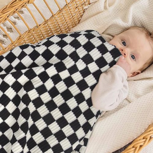 Baby Blanket for Boys Comfy Durable Corduroy Toddler Blanket with Double Layer Dotted Backing Checkerboard Grid Chessboard Gingham Warmer Bed Blankets for Newborn Infants Black, 30x40 Inches - 30 x 40 Inch