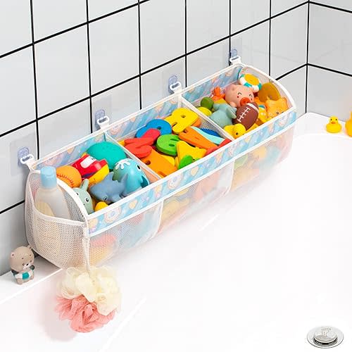Mesh Bath Toy Storage for Tub - Sorting Baby Toys Bath Tub Toy Holder - Extra Large Capacity Bath Toy Organizer with Large Openings, Quick-Drying and Breathable (Blue)