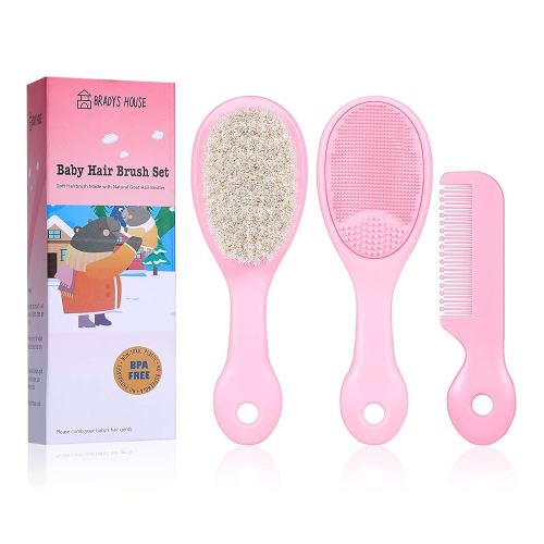 3 Piece Baby Hair Brush and Comb Set for Newborns and Toddlers (Pink)
