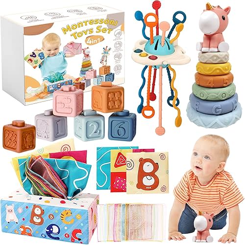 Montessori Baby Toys 6-12 Months, 4 in 1 Montessori Toys Set 6 Months Old+, Stacking Building Blocks Infant Toys, Tissue Box Toy, Baby Sensory Toys for 1 2 3 Year Old Boy Girl