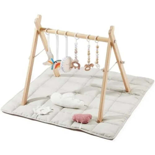 Wooden Play Gym with 9 Sensory Toys, Foldable Baby Play GymFrame Activity Center - Natural Color