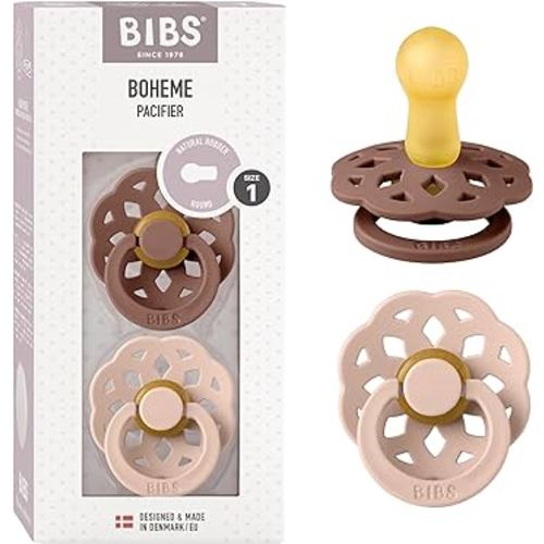 BIBS Pacifiers - Boheme Collection | BPA-Free Baby Pacifier | Made in Denmark | Set of 2 Woodchuck/Blush Color Premium Soothers | Size 0-6 Months