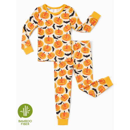 PatPat Halloween Pajamas Toddler Girls Boys Snug Fit Pumpkin Bat Long Sleeve Top and Pants Pj Viscose from Bamboo Sleepwear Sets, Orange, 4T