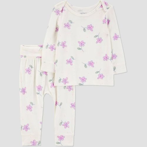 Carter's Just One You® Baby Girls' 2pc Comfy Soft Floral Top & Bottom Set - Ivory/Pink Newborn: Heavyweight Jersey Pajamas