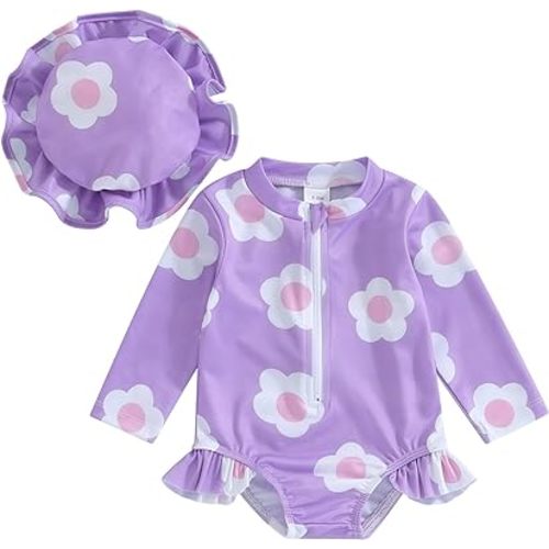 Infant Toddler Baby Girl One-Piece Swimsuit Floral/Flamingo Print Zipper Long Sleeve Ruffled Swimwear Bathing Suit