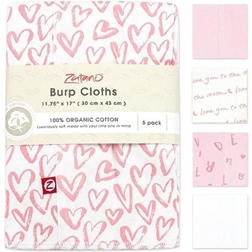 Zutano 5-Pack Organic Burp Cloths for Baby Girl & Boy, Large Cotton Burping Cloths for Babies | Absorbent Baby Spit-Up Rags | Gender Neutral Burp Clothes | Newborn Essentials, Pink Hearts