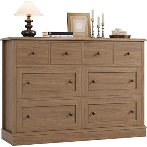 FINETONES 8 Drawer Dresser, 47.2" Chest of Drawers Nursery Dresser with Large Storage, Wood Dresser with Deep Drawers, Long Dressers & Chests of Drawers for Home Office, Walnut