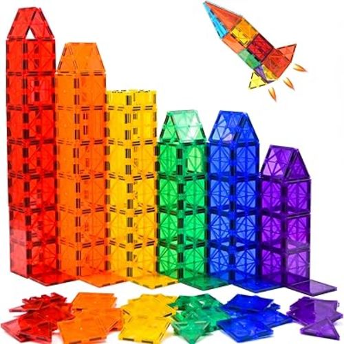 FNJO Magnetic Tiles, 52 PCS Magnet Building Set, Magnetic Building Blocks,Construction STEM Toys for Kids, Compatible with Magna Tiles, fits Picasso Tiles Building Set