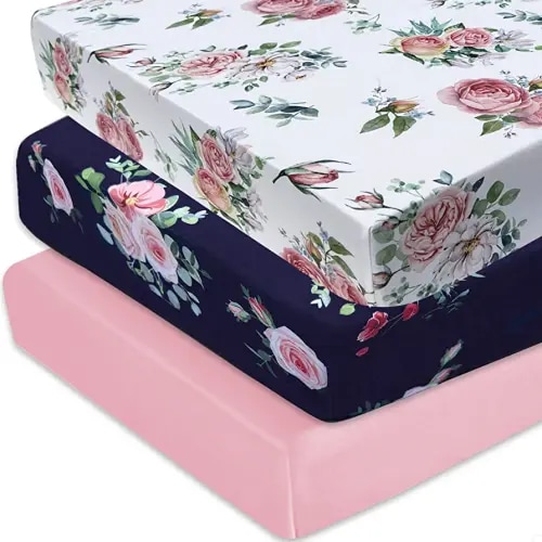 AMROSE 3 Pack Soft Floral Crib Sheets for Baby Girls, 28'' X 52'' Fitted Crib Sheets for Crib and Toddler Mattress Pad, Silk Touch Gentle Breathable Microfiber, Floral Flowers