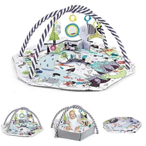 YoYFUN 4-in-1 Baby Play Mat, Baby Play Gym & Tummy Time Mat With 7 Hanging Toys, Baby Gym Play Mat for Sensory Exploration and Motor Skill Development from Baby to Toddler White