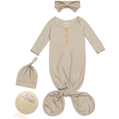 Baby Noah Newborn Knotted Gown, Ultra-Soft Silky Long Sleeve Sleeper, Unisex Coming Home Outfit Set With Wooden Name Sign