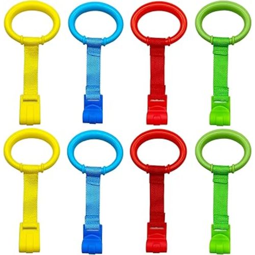 codree 8PCS 4 Colors Baby Playpen Pull up Rings- Baby Crib Pull up Rings- Baby Walking Exercises Assistant Rings- Baby Bed Stand Up Rings Baby Cot Hanging Rings for Infant Baby Toddler