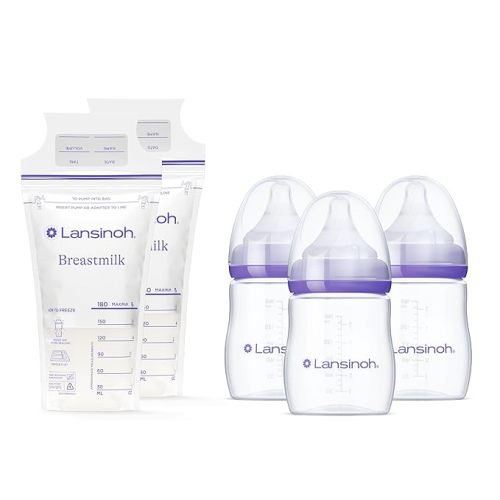 Lansinoh Breastmilk Storage Bags, 200 Count, Breast Milk Storage Bags for Feeding, Baby Essentials, Strong Double-Sealed, 6oz + Lansinoh Anti-Colic Baby Bottles for Breastfeeding Babies, 5oz, 3 Count