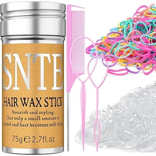 Hair Wax Stick for Kids, Girls, Women Flyaways - 1000Pack Color & Clear Hair Elastics for Ponytail, Braid - Brush & Topsy Tail Hair Tool Hair Accessories