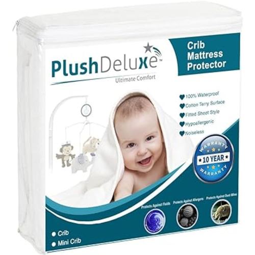 PlushDeluxe Mini Crib Size Waterproof Mattress Protector Breathable Soft Cotton Terry Surface (Mini Crib)