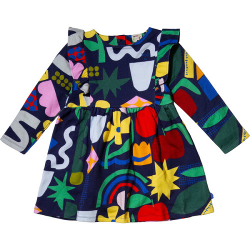 Baby Pattern Print Ruffle High Waist Long Sleeve Snap Dress, Blue - Mon Coeur | Maisonette